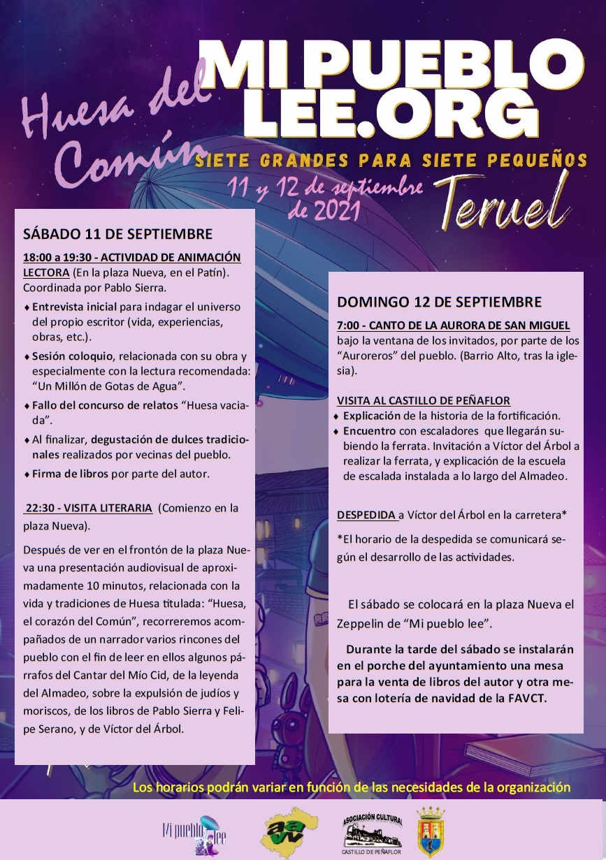 Cartel de actividades del 11/12 de septiembre en Huesa del Común. Mi pueblo Lee.